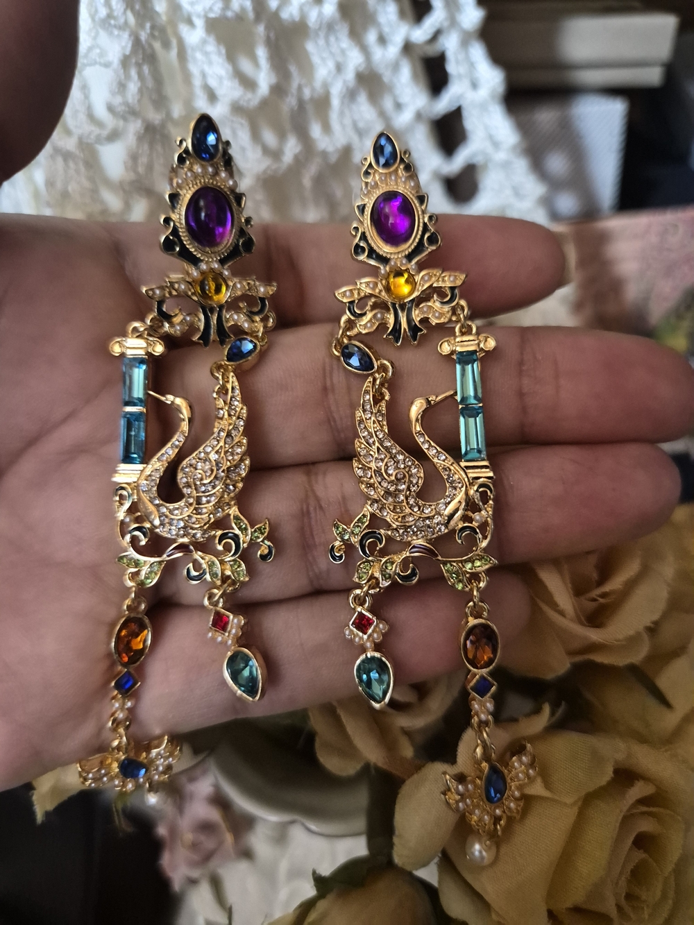 Gold-Tone Multicolor Peacock Drop Earrings - Elegant Women's Jewelry - Picture 4 of 6